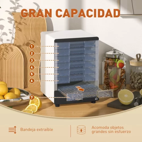 Deshidratador de alimentos blanco con siete bandejas extraíbles.