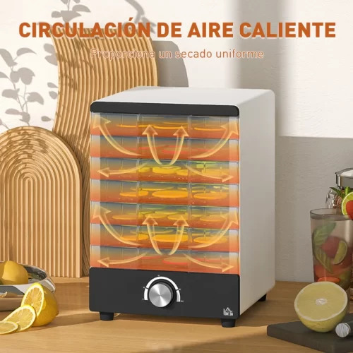 Deshidratador de alimentos mostrando la circulación de aire caliente entre bande