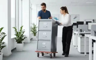 Hombre y mujer moviendo un archivero sobre una plataforma con ruedas e