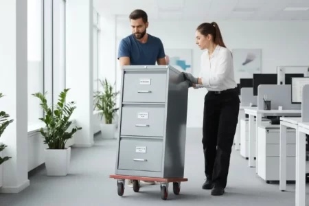 Hombre y mujer moviendo un archivero sobre una plataforma con ruedas e