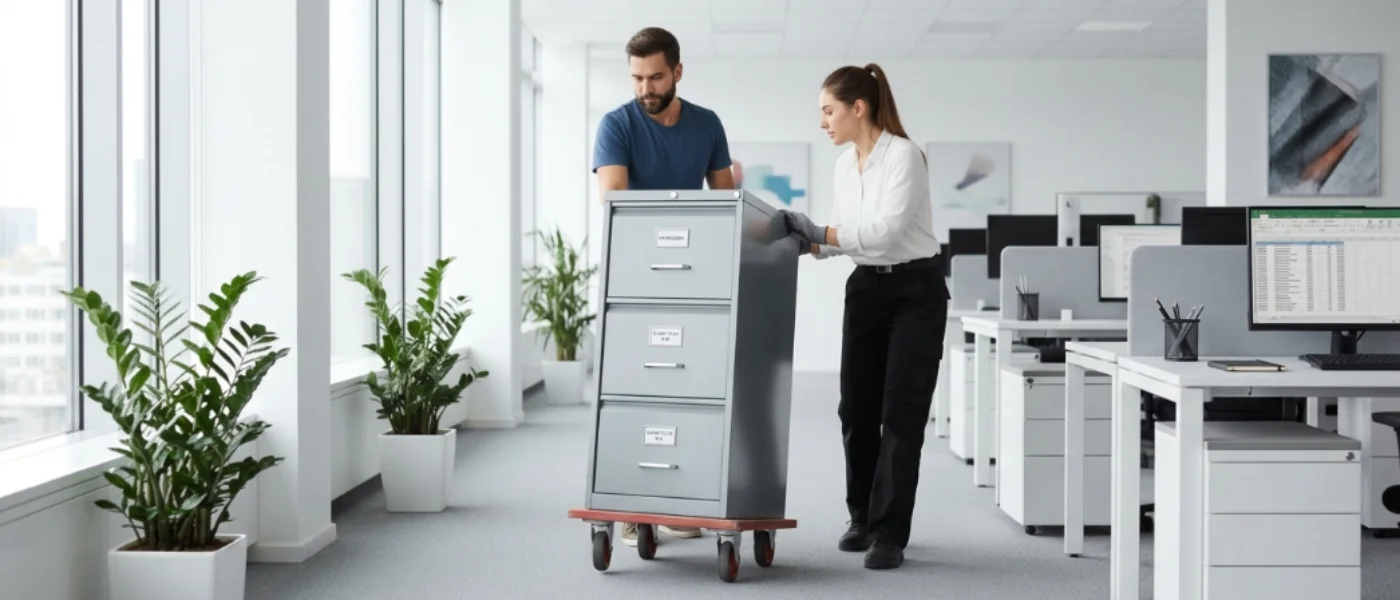 Hombre y mujer moviendo un archivero sobre una plataforma con ruedas e