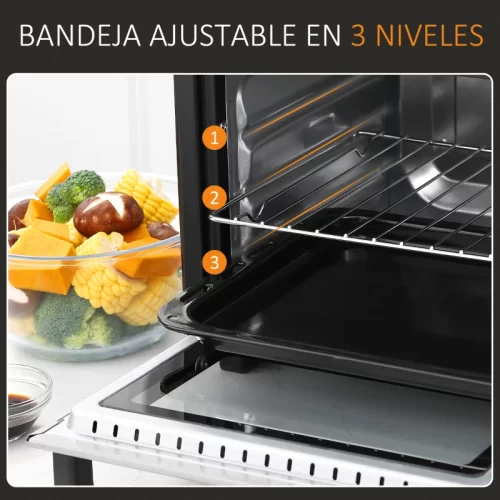 Interior de horno de sobremesa con bandeja ajustable en tres niveles.