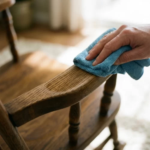 Mano limpiando con un paño azul el reposabrazos de una mecedora de madera antes de embalarla