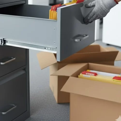 Mano sacando un cajón de archivero con carpetas hacia cajas de cartón