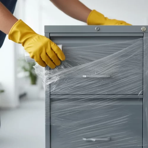 Manos con guantes amarillos envolviendo cajones de archivero con film