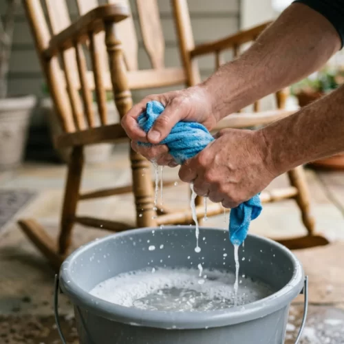 Paño húmedo preparado para limpiar una mecedora con agua y jabón