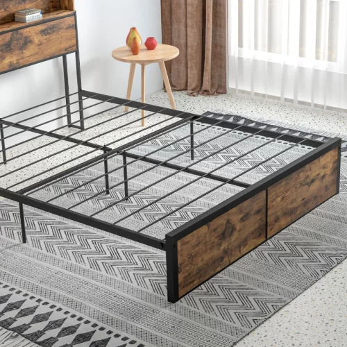 Marco de cama de metal con panel de madera y cajón de almacenaje