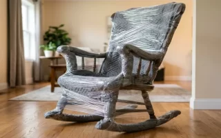 Mecedora de madera completamente envuelta en film extensible en un salón con suelo de madera 1400