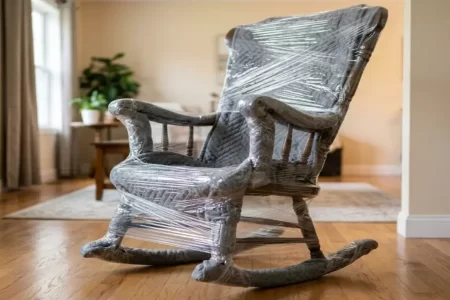 Mecedora de madera completamente envuelta en film extensible en un salón con suelo de madera 1400