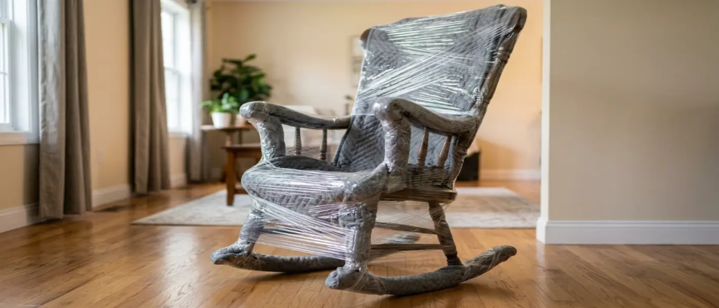 Mecedora de madera completamente envuelta en film extensible en un salón con suelo de madera 1400