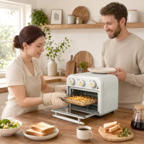 Mini horno con freidora de aire y bandeja de patatas fritas.