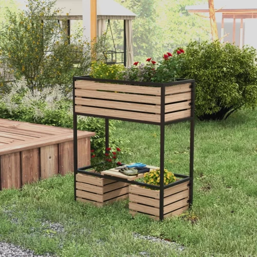 Outsunny Jardinera De Dos Niveles Con 3 Maceteros, 83x39x100 Cm, Natural + Negro