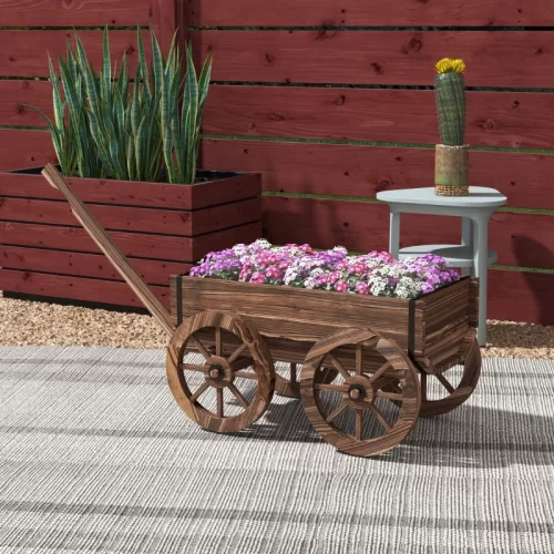 Outsunny Jardinera De Madera En Forma De Carrito Con 4 Ruedas Y Mango, 120x41x54 Cm, Carbonizado