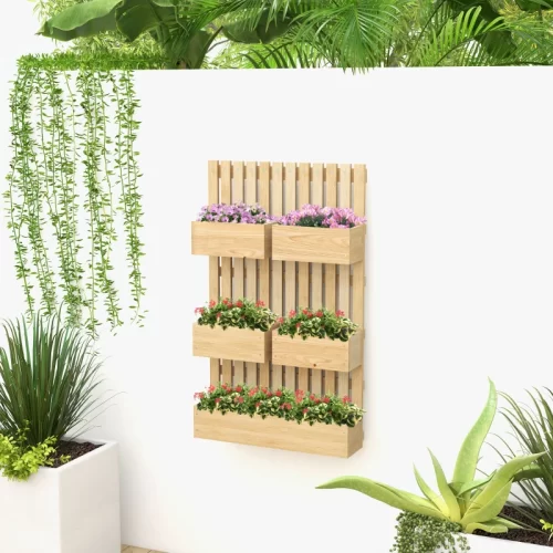 Outsunny Jardinera De Pared De Madera Con Enrejado Y 5 Macetas Móviles, 60x16x100 Cm, Natural