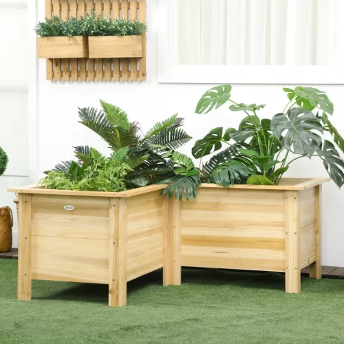 Outsunny Jardinera Elevada De Madera En Forma De L, 120x120x50 Cm, Natural