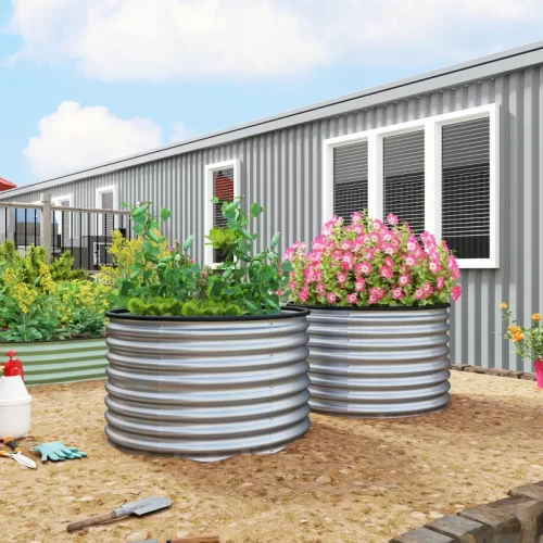 Outsunny Lote De 2 Jardineras Elevadas Redondas, Acero Galvanizado, 90 x 90 x 56 Cm, Plata