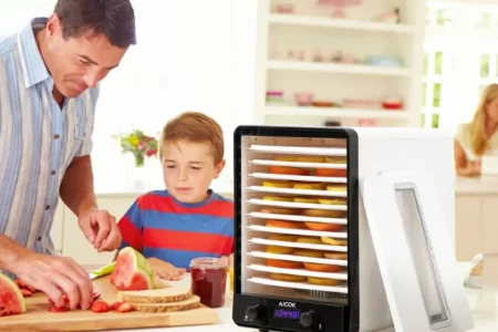 Padre e hijo preparando fruta junto a un deshidratador de alimentos