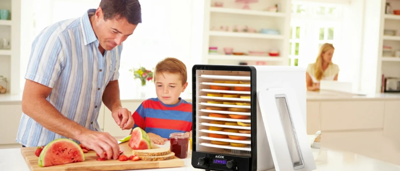 Padre e hijo preparando fruta junto a un deshidratador de alimentos