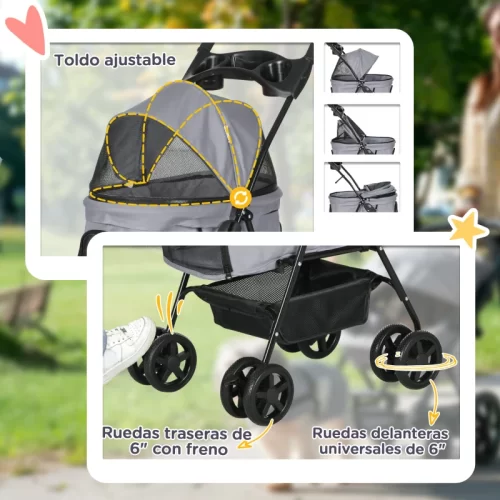 PawHut Carrito para Mascotas con Capota Ajustable en 4 Posiciones – Gris