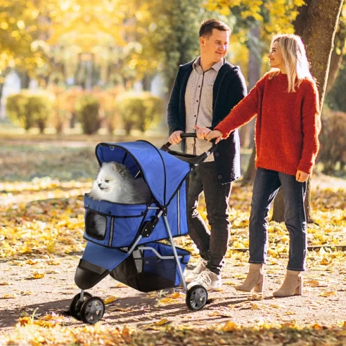 PawHut Cochecito Plegable 4 Ruedas 360° con Doble Entrada – Azul