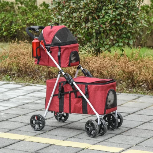PawHut Cochecito para 2 Mascotas con Compartimentos Independientes – Rojo