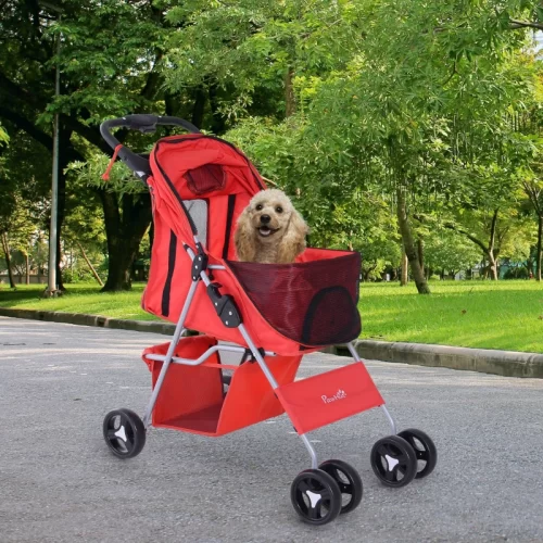PawHut Cochecito para Mascotas con Toldo Ajustable y Cesta – Rojo