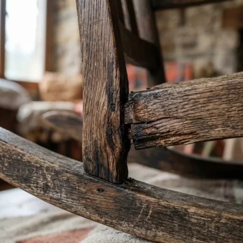 Detalle de una junta de madera desgastada en una mecedora