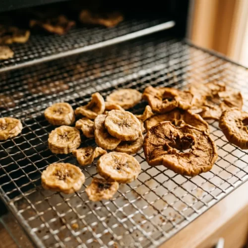 Rodajas de plátano y manzana deshidratadas sobre una bandeja metálica de rejilla