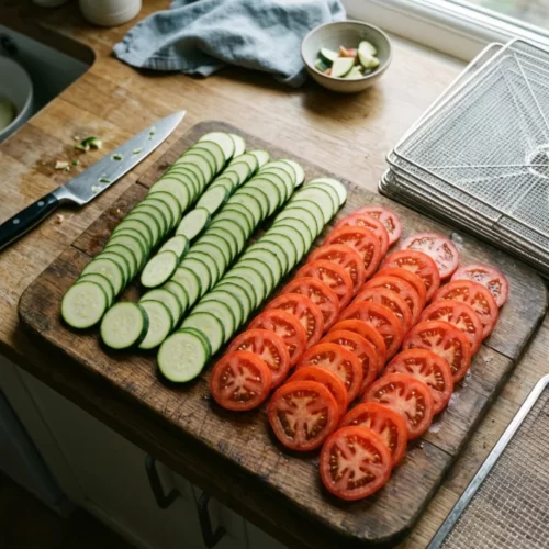 Rodajas finas de calabacín y tomate preparadas junto a bandejas de rejilla metál