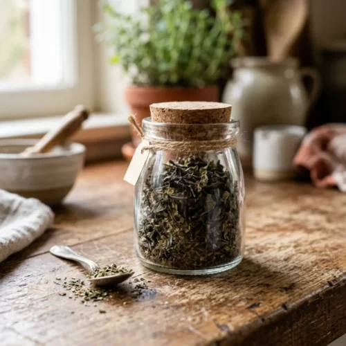 Tarro de cristal con hierbas secas y una cuchara junto a una planta en una mesa
