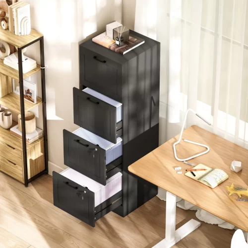 Archivador vertical negro con cuatro cajones para documentos