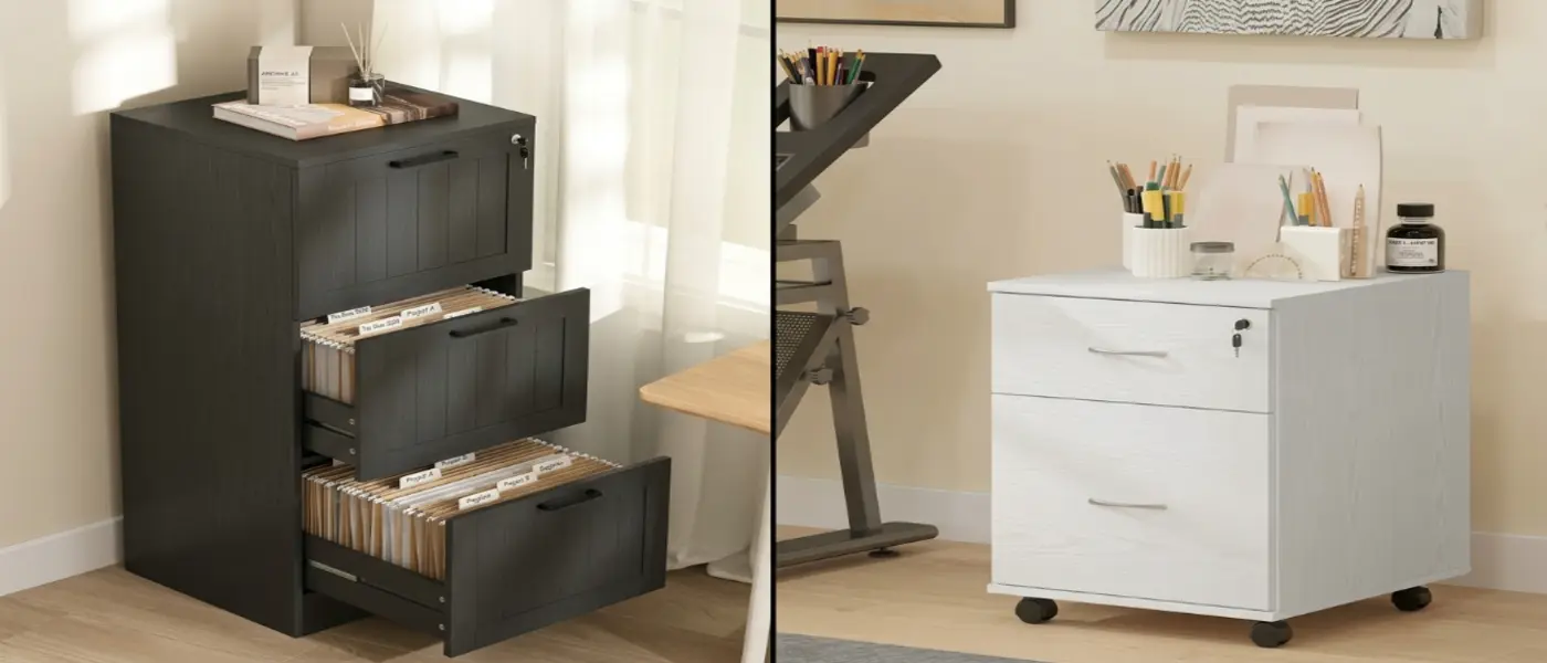 Comparativa entre archivador alto negro y cajonera blanca móvil