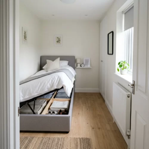 Cama canapé abatible abierta con almacenaje en habitación pequeña