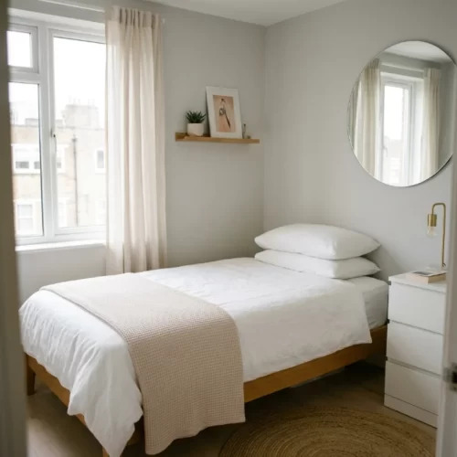 Cama individual de madera vestida en blanco con manta
