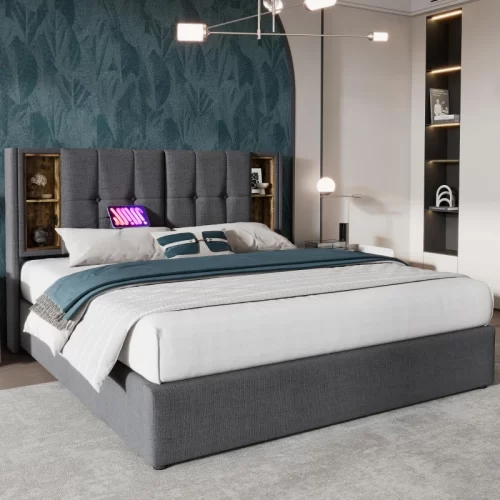 Cama tapizada con cabecero gris e iluminación LED integrada