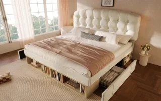 cama-matrimonio-beige-capitone-estanterias-cajones 1400