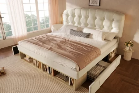 cama-matrimonio-beige-capitone-estanterias-cajones 1400