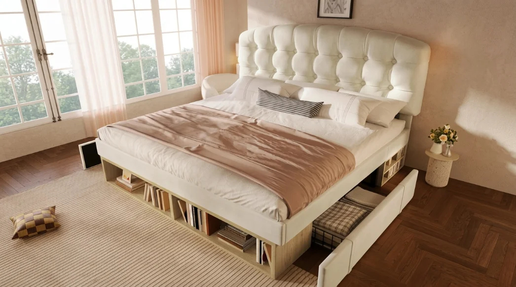 cama-matrimonio-beige-capitone-estanterias-cajones 1400