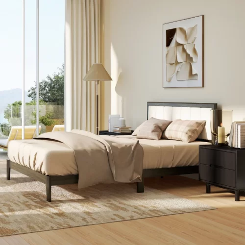 Cama moderna de madera con cabecero blanco acolchado