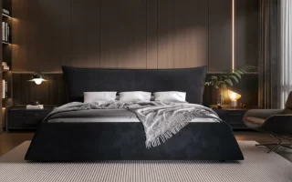 Cama de matrimonio negra elegante en dormitorio moderno