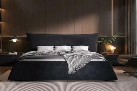 Cama de matrimonio negra elegante en dormitorio moderno