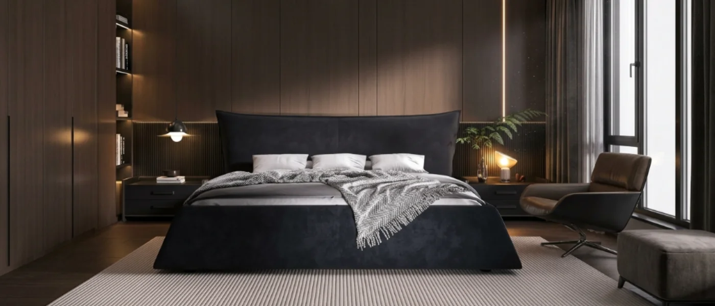 Cama de matrimonio negra elegante en dormitorio moderno