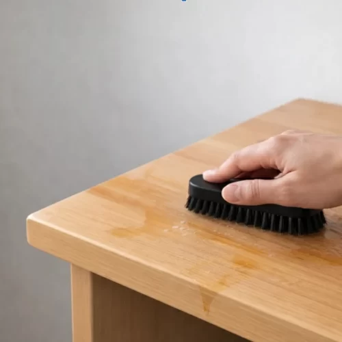 Mano frotando mesa de madera con cepillo negro.