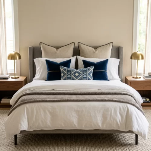 Cama vestida con cojines decorativos azules y beige