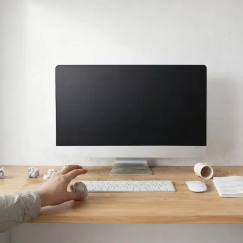 Mano recogiendo papel arrugado en escritorio con ordenador.