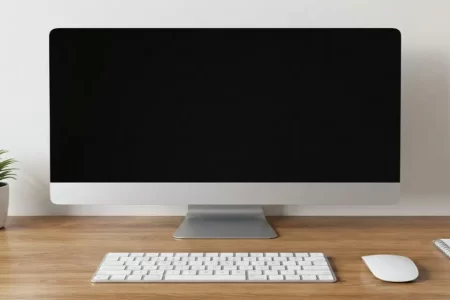 Escritorio de madera limpio con monitor, planta y libreta.