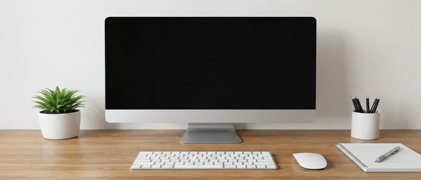 Escritorio de madera limpio con monitor, planta y libreta.