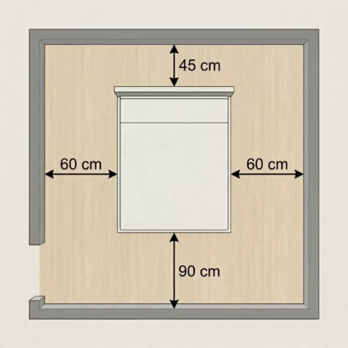 Plano arquitectónico con medidas recomendadas de circulación alrededor de la cama