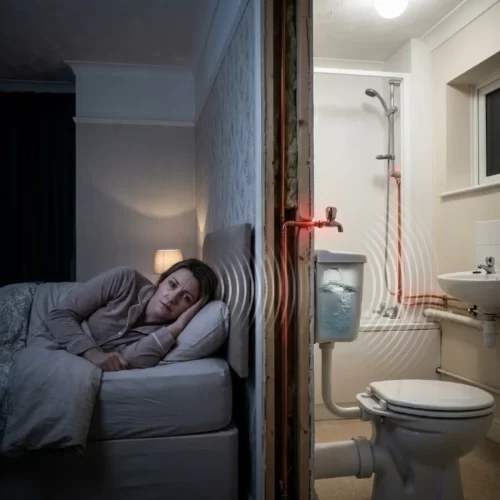 Mujer durmiendo junto a una pared con tuberías