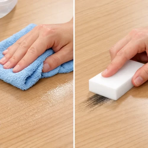 Limpieza de mesa con paño azul y borrador mágico.